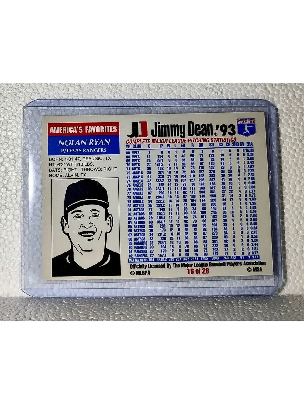 Nolan Ryan 1993 Jimmy Dean MLB #16 Baseball Card Texas Rangers